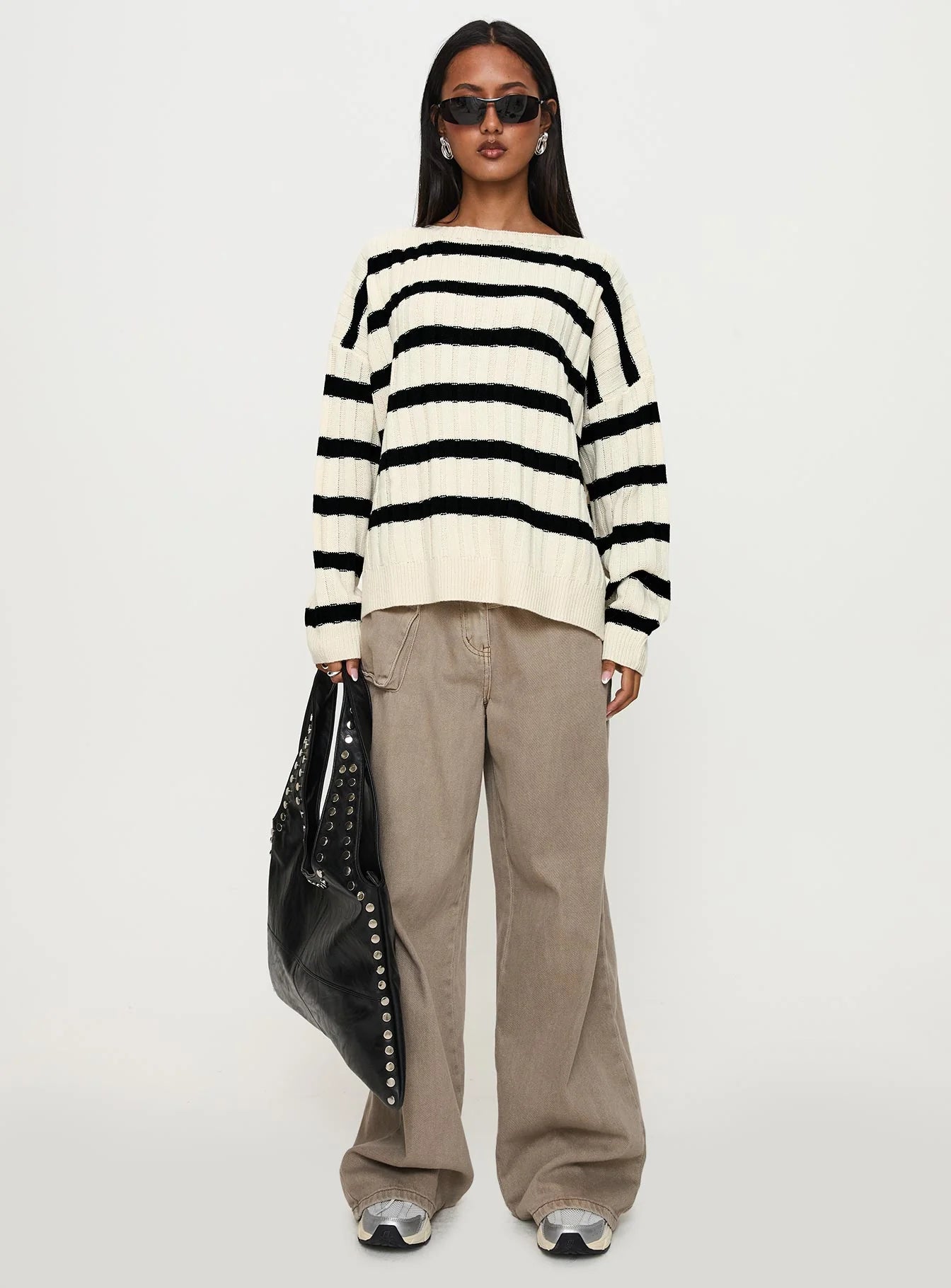 Elenita Wide Neck Knit Sweater Black White