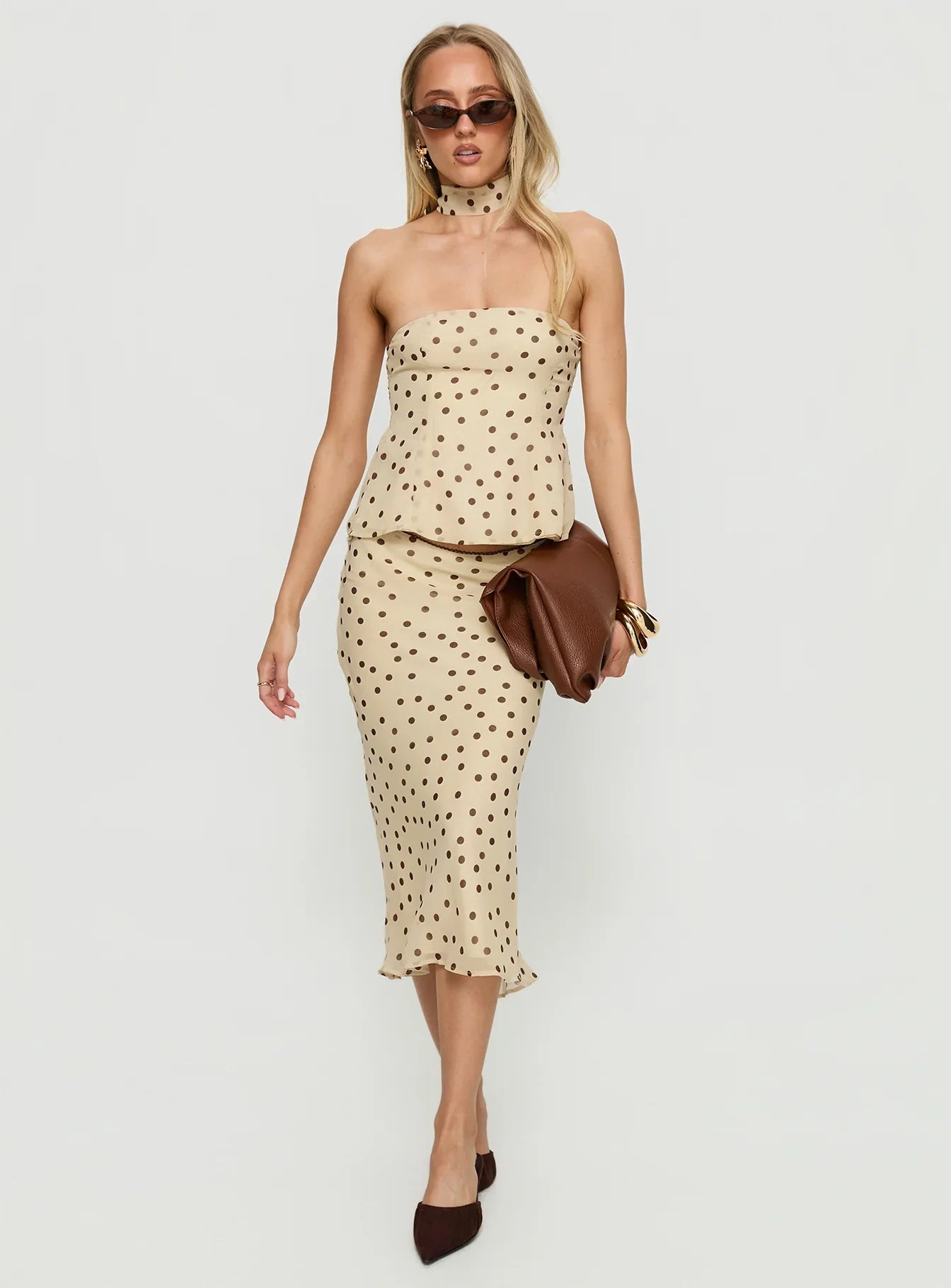 Sydni Midi Bias Cut Skirt Yellow Chocolate Polka
