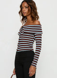 Raelena Off Shoulder Long Sleeve Top Blue Brown Stripe