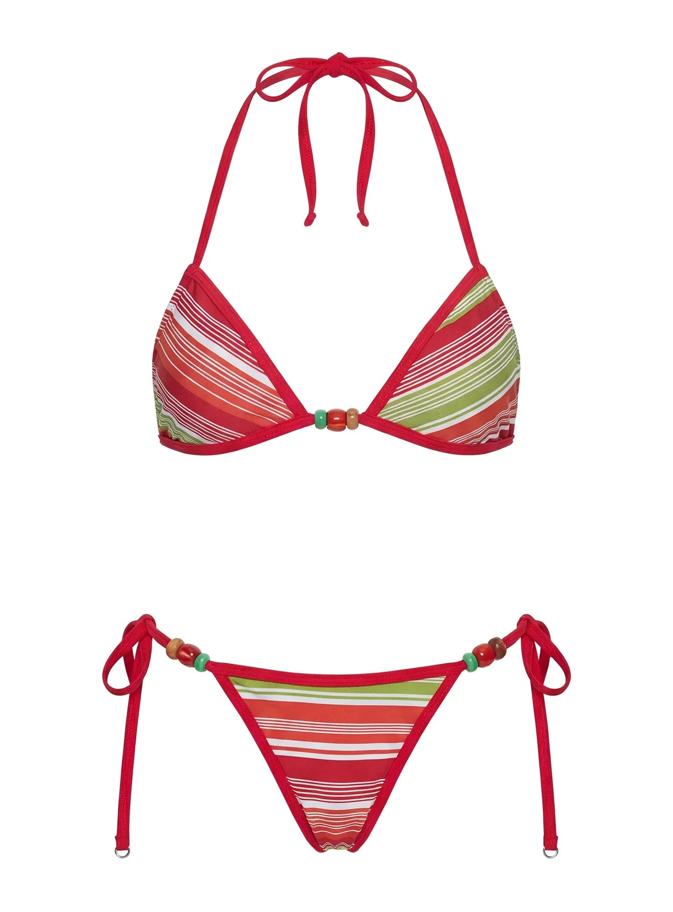 Poolside Only Bead Detail Bikini Top Red Green Stripe