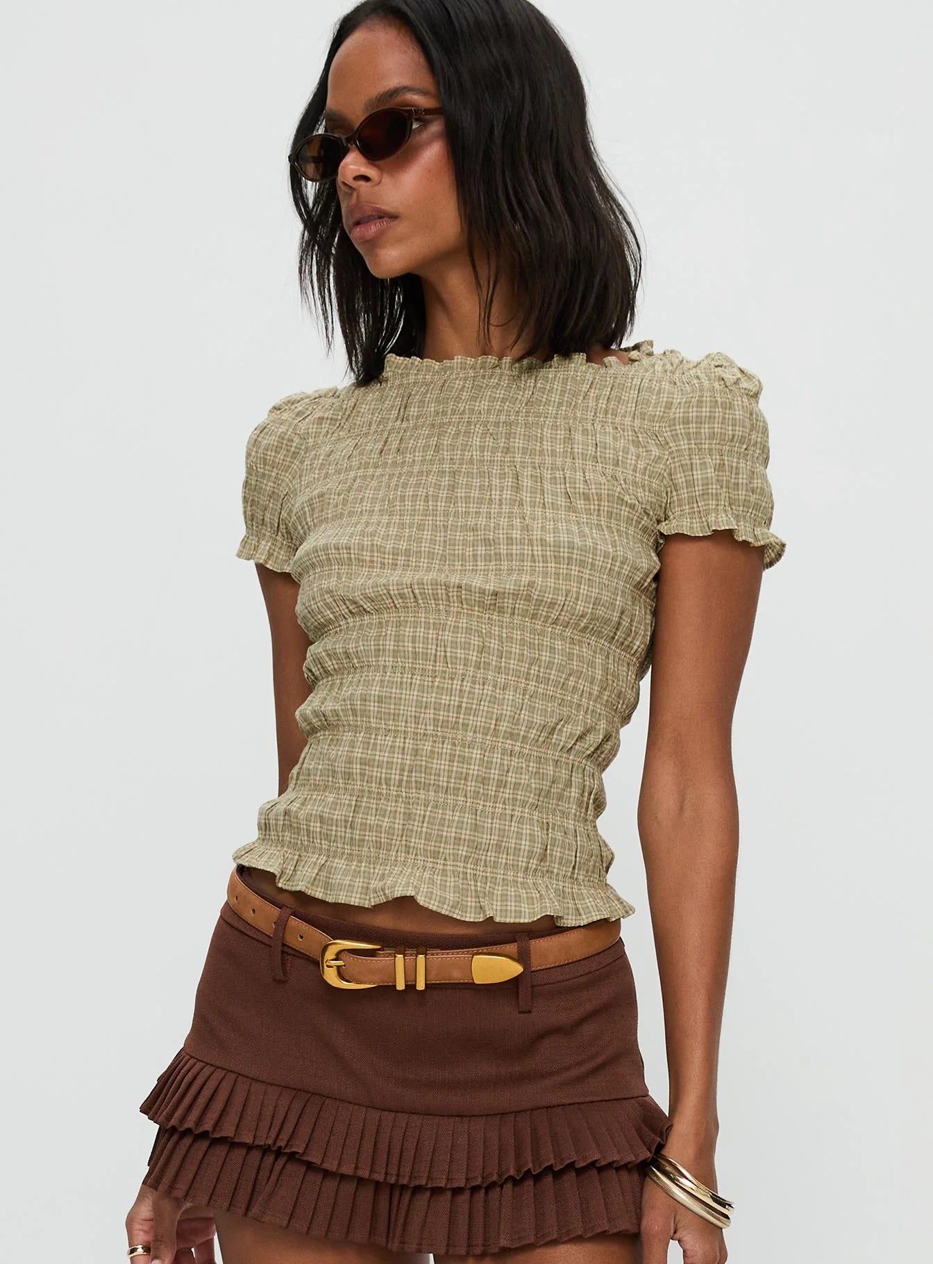 Romelle Shirred Top Green Brown Plaid