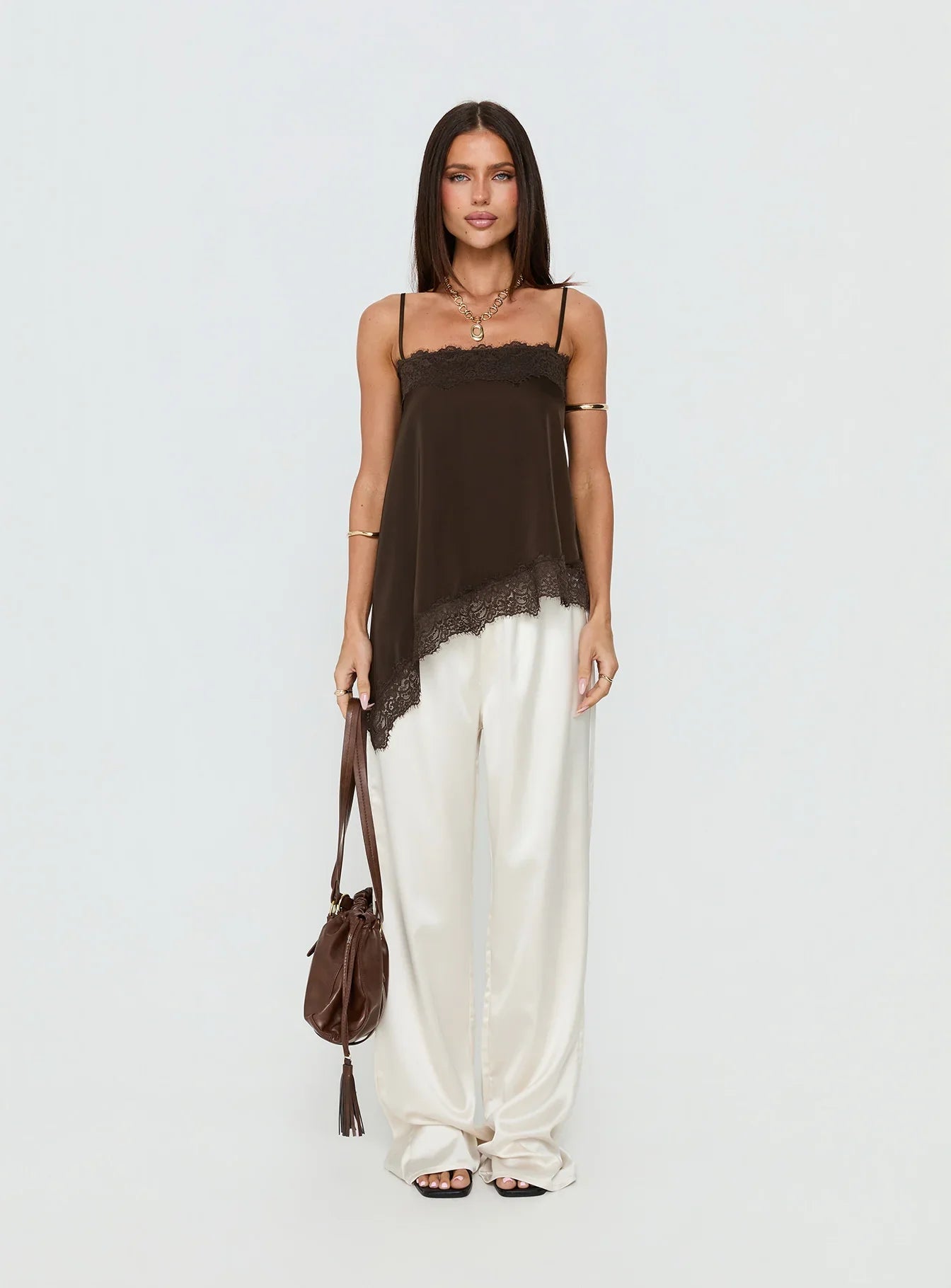 Daesa Longline Lace Top Brown