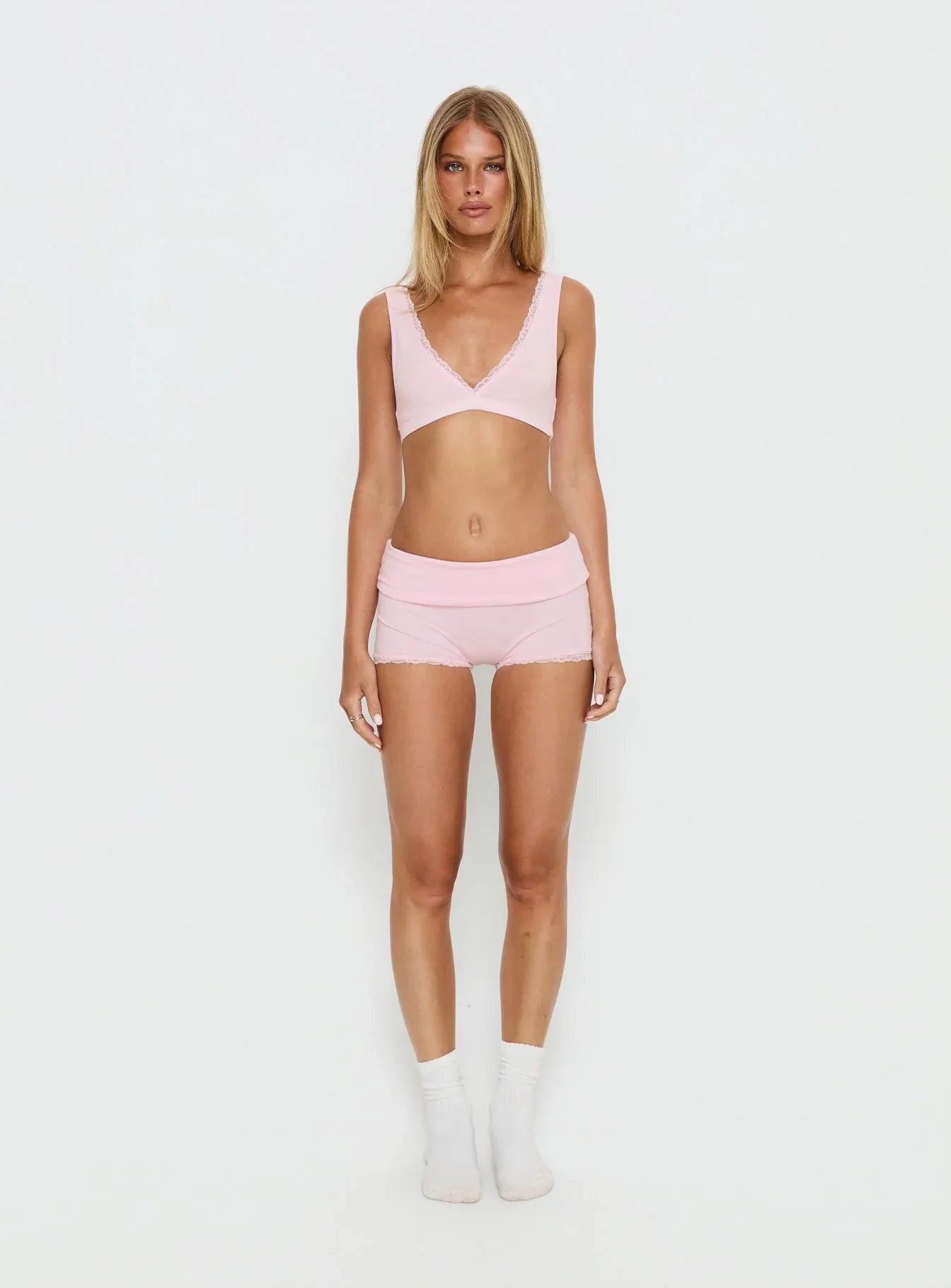 Serae Lace Trim Foldover Micro Shorts Pink