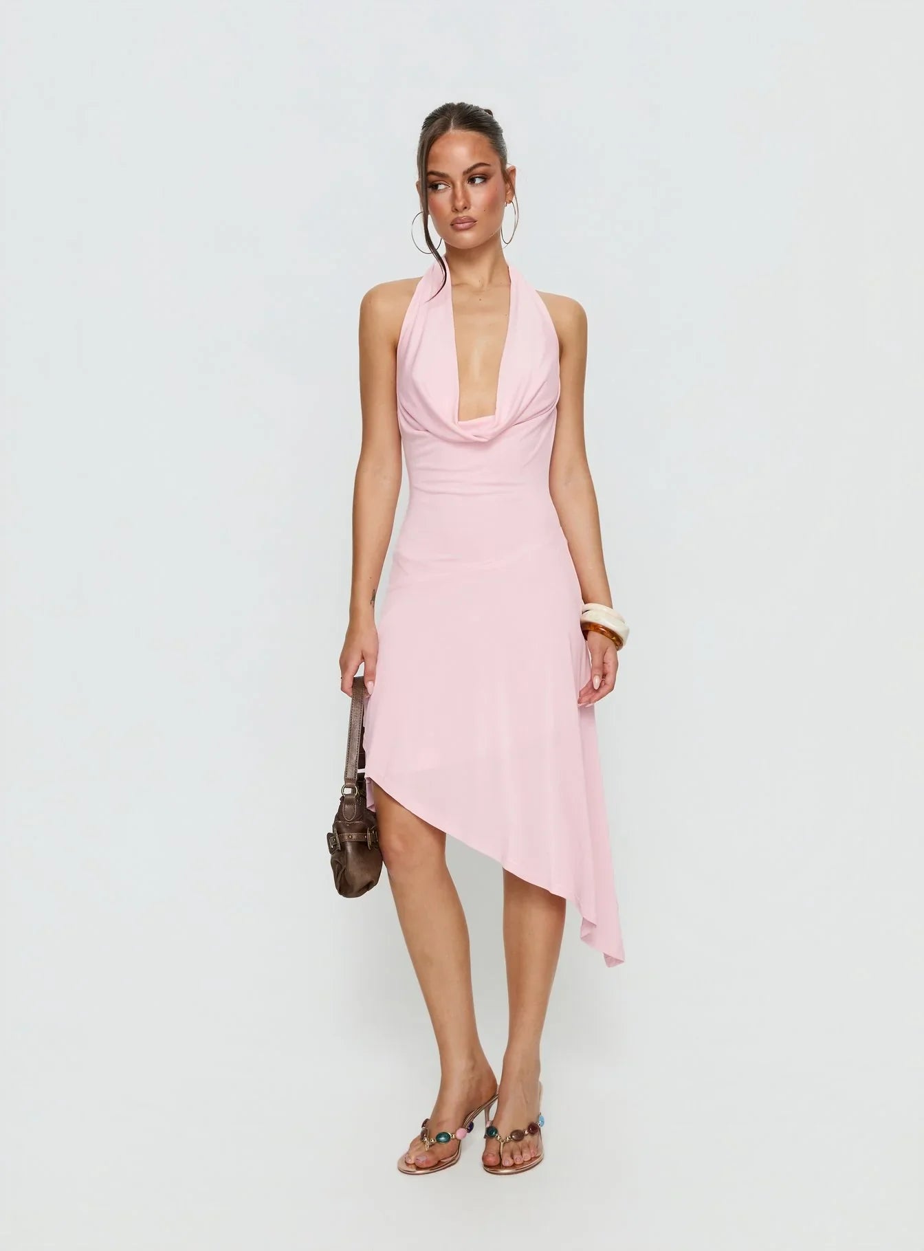 Yesina Halter Jersey Midi Dress Pink