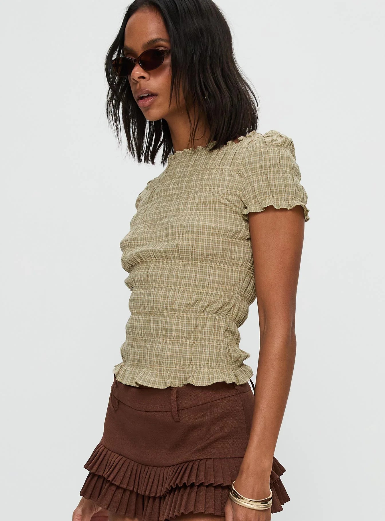 Romelle Shirred Top Green Brown Plaid