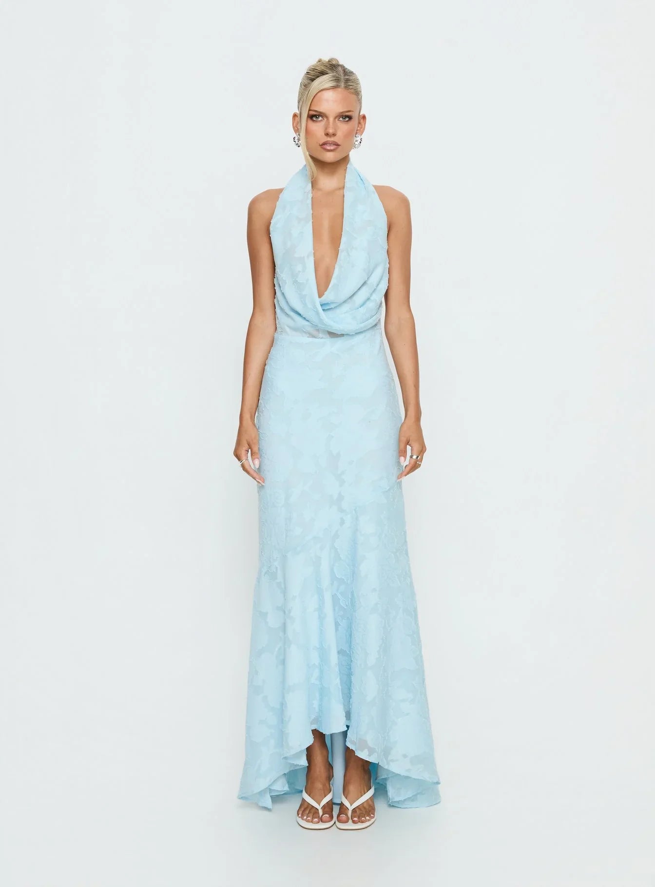 Invisible String Cowl Plunge Backless Maxi Dress Light Blue