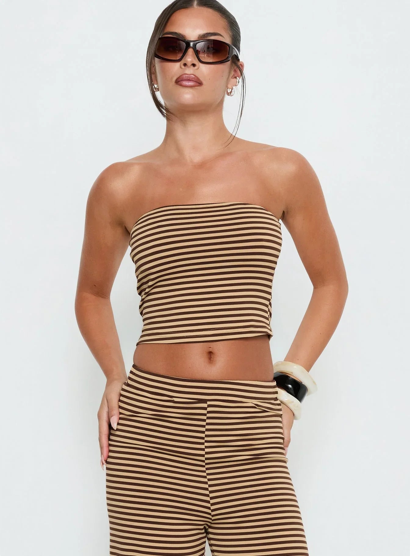Timora Strapless Top Brown Stripe