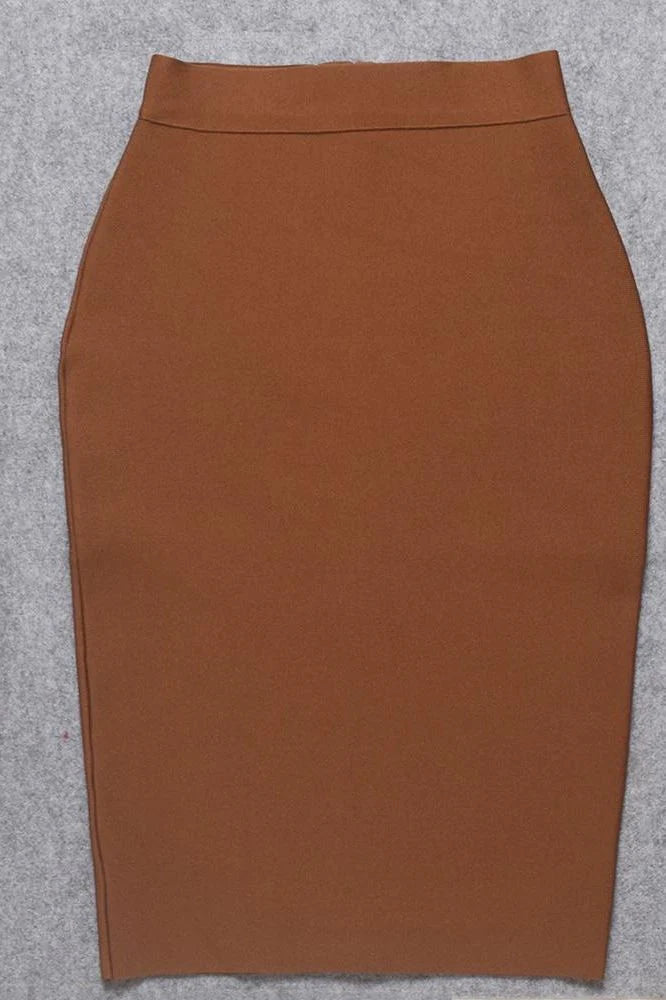 Pencil High Waist Bandage Knee Length Skirt Tan Brown