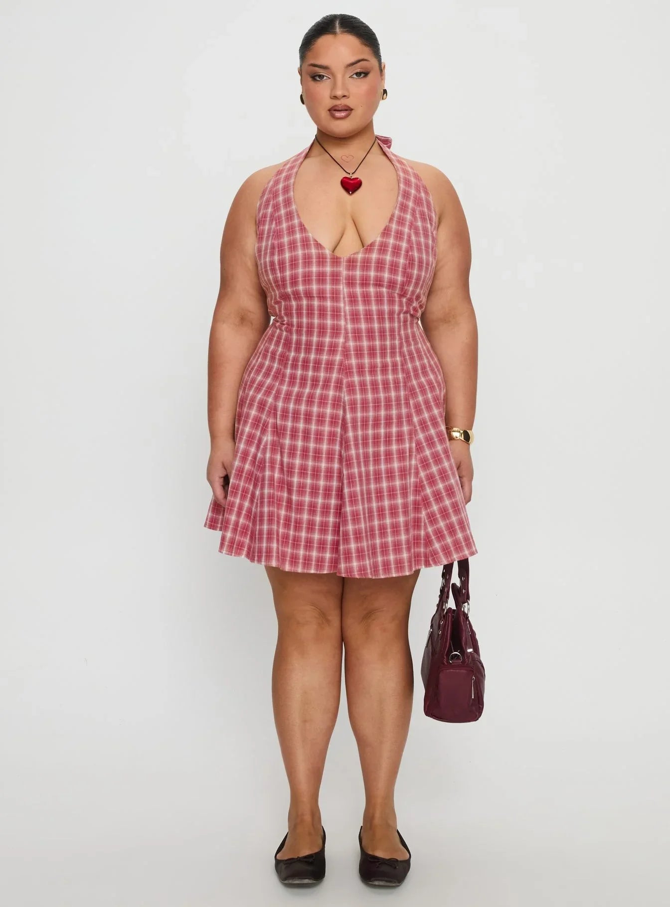 Out Of Nowhere Halter Mini Dress Red Check Curve