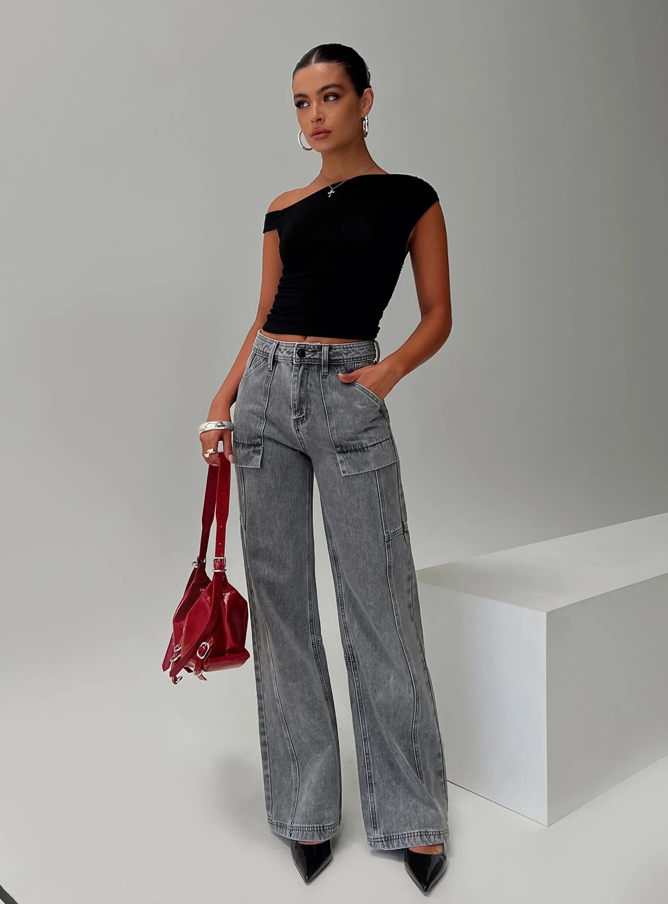 Chad High Rise Flared Cargo Jeans Washed Grey