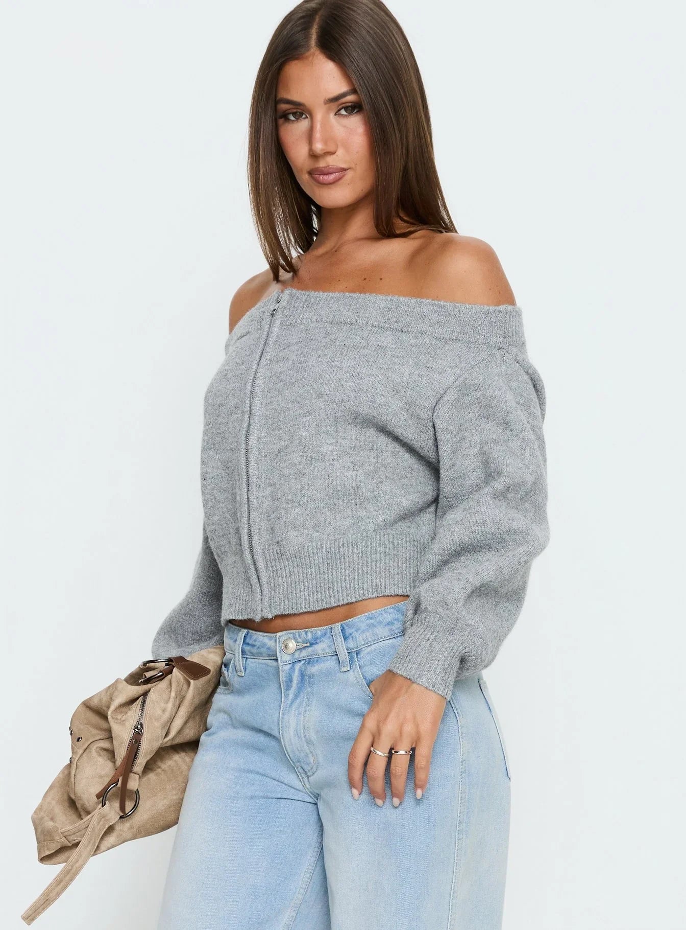 Ortensa Off Shoulder Zip Through Jumper Grey Marle