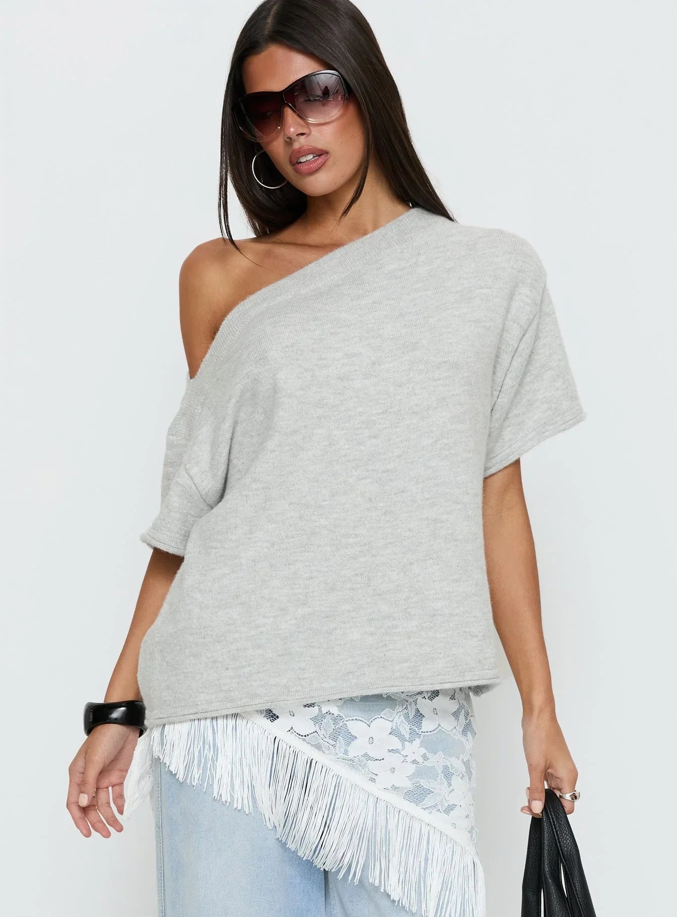Kourta Off Shoulder Oversized Knit Top Grey Marle