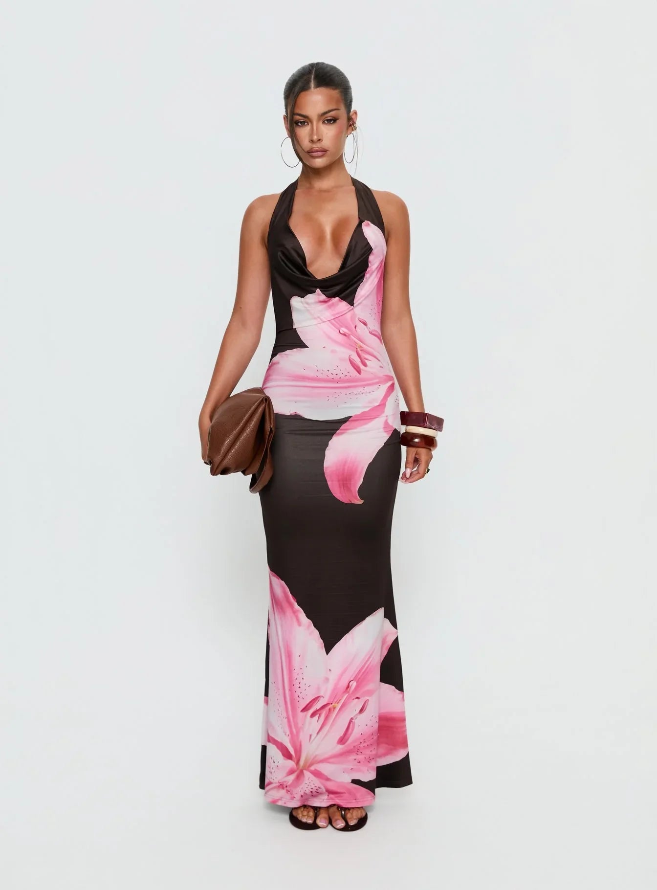 Kanara Halter Plunge Maxi Dress Chocolate / Pink Floral