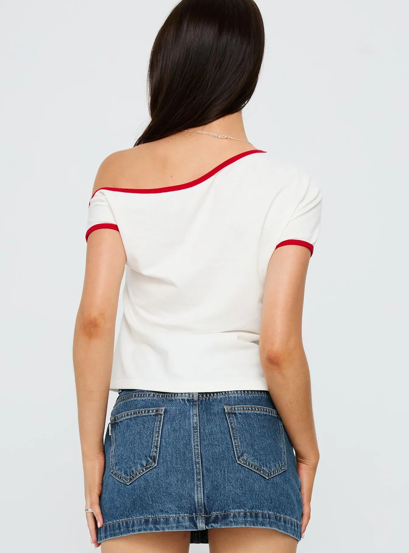 Kelsa Off Shoulder Contrast Trim Top White Red