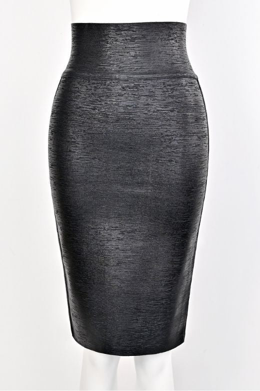 High Waist Leather Pencil Skirt Midi Length Metallic Black