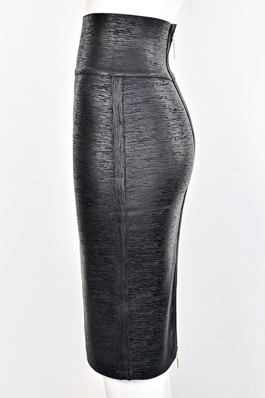 High Waist Leather Pencil Skirt Midi Length Metallic Black