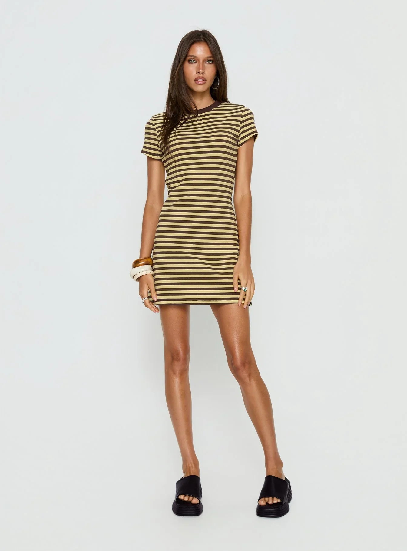 Settle Down Short Sleeve Mini Dress Yellow Stripe
