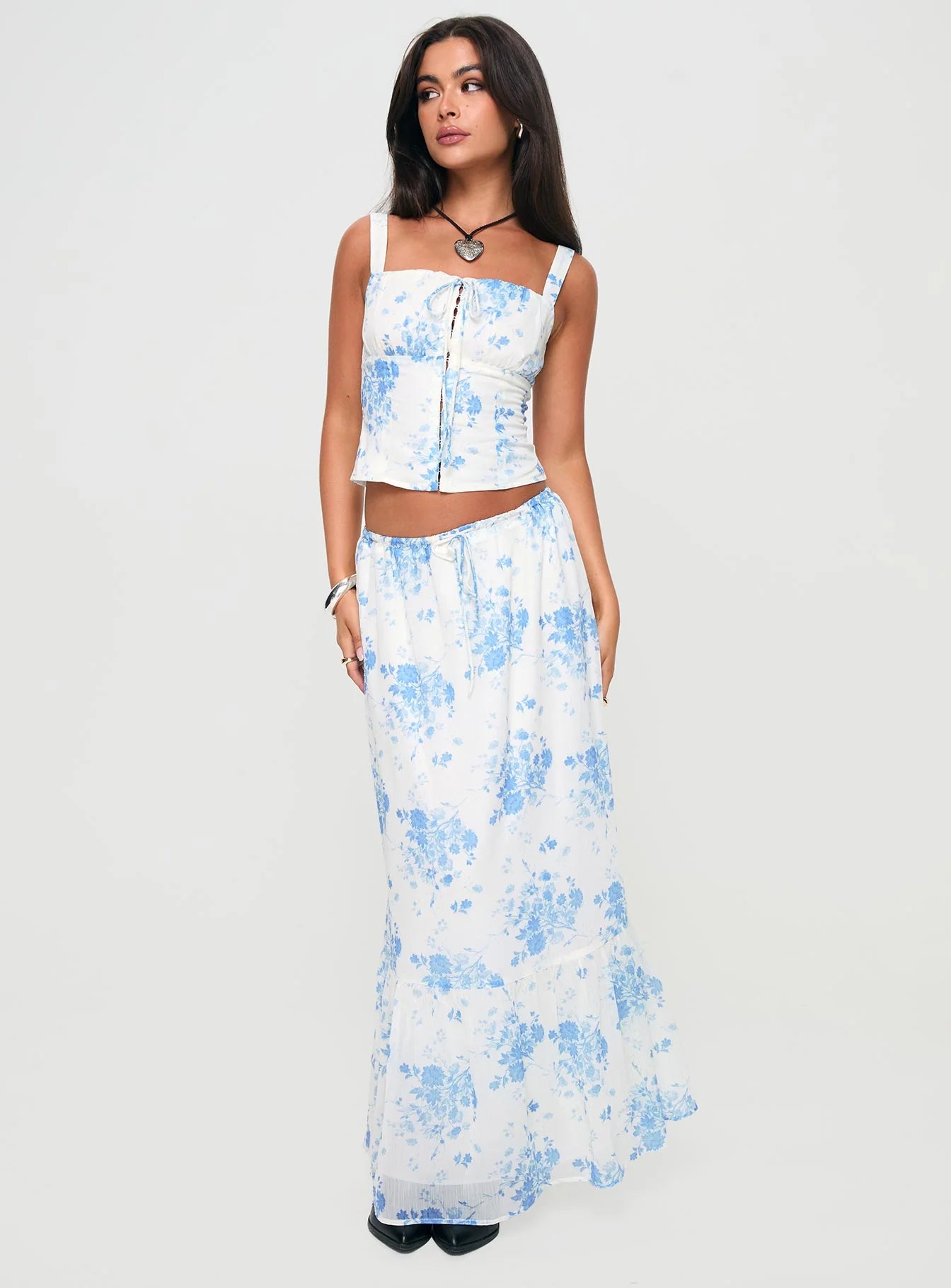 Modern Girl Maxi Skirt White Blue Floral