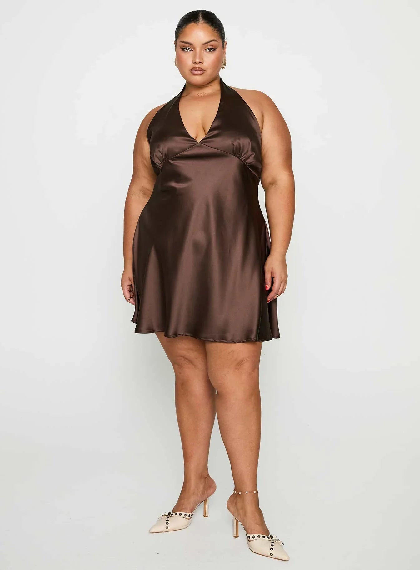 Pelagia Halter Scarf Tie Mini Dress Brown Curve