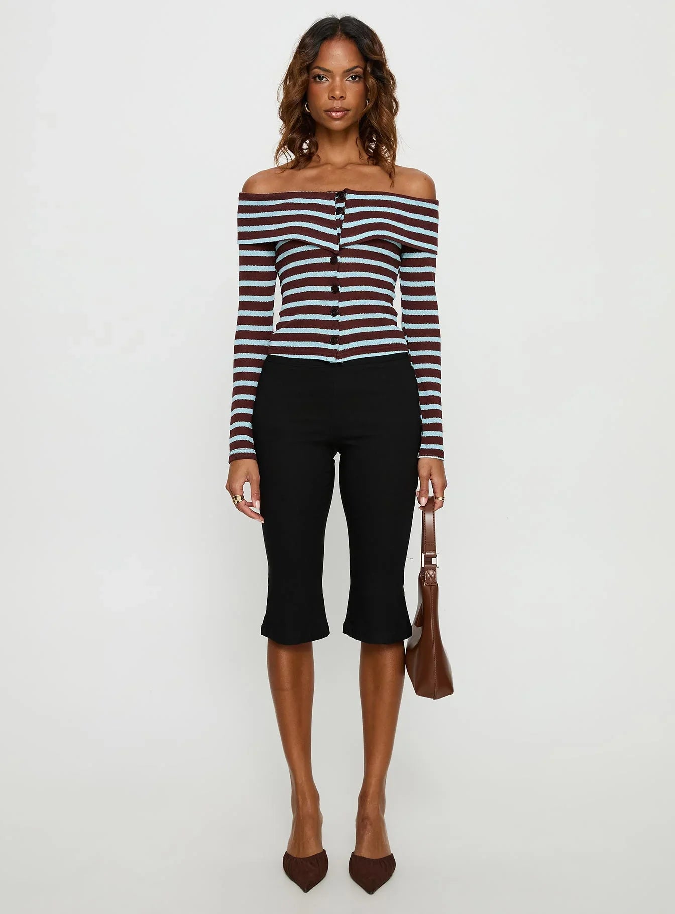 Raelena Off Shoulder Long Sleeve Top Blue Brown Stripe