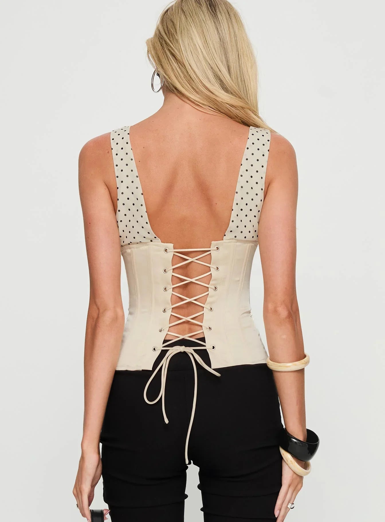Briannah Contrast Corset Top Cream Polka Dot