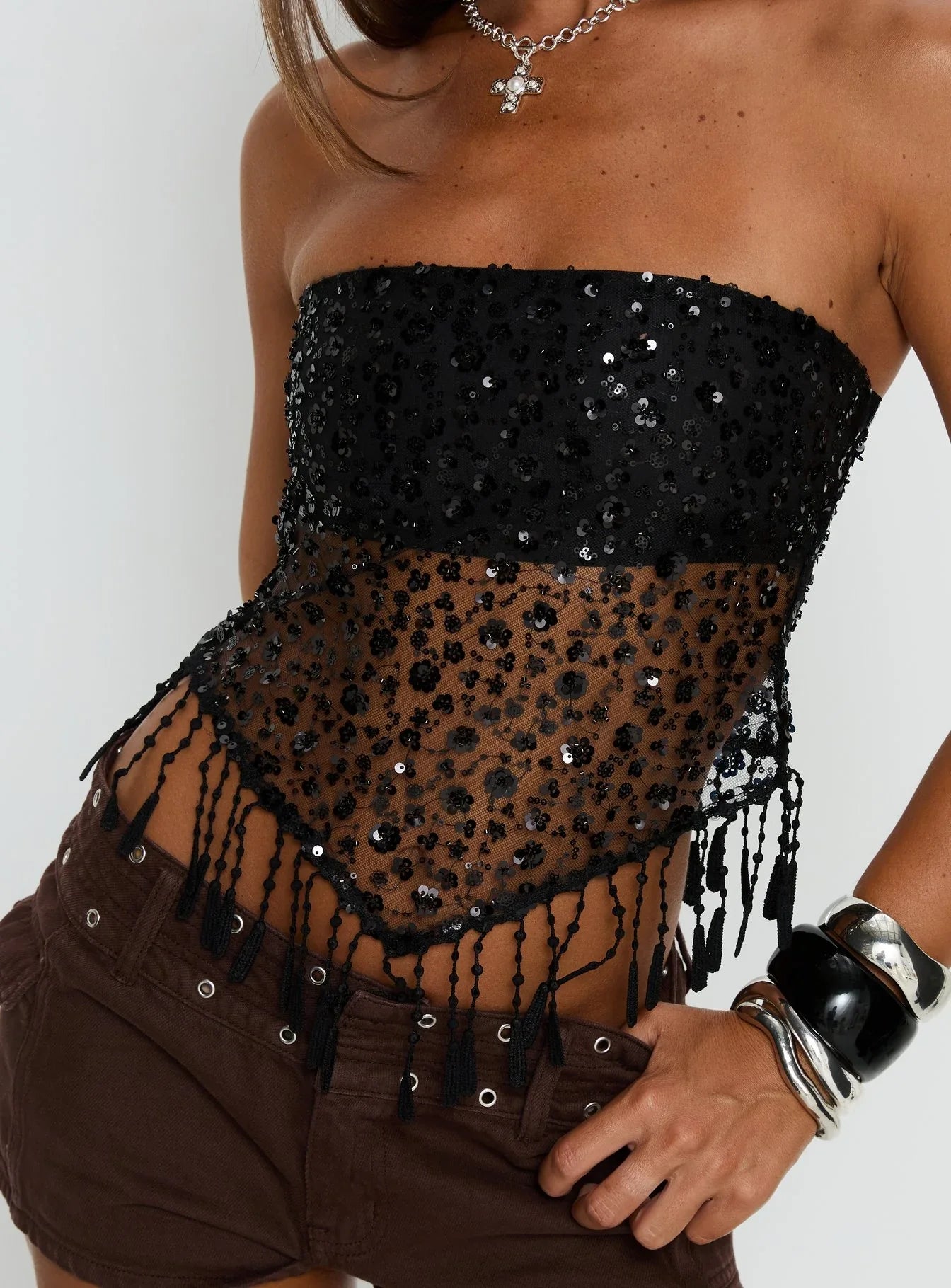 Tameika Beaded Strapless Top Black
