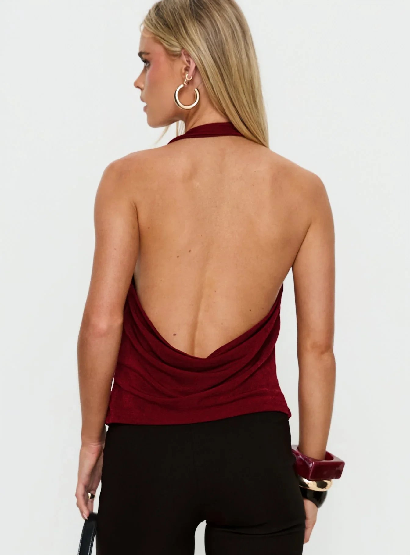 Marvelle Plunge Neck Hardware Detail Top Burgundy