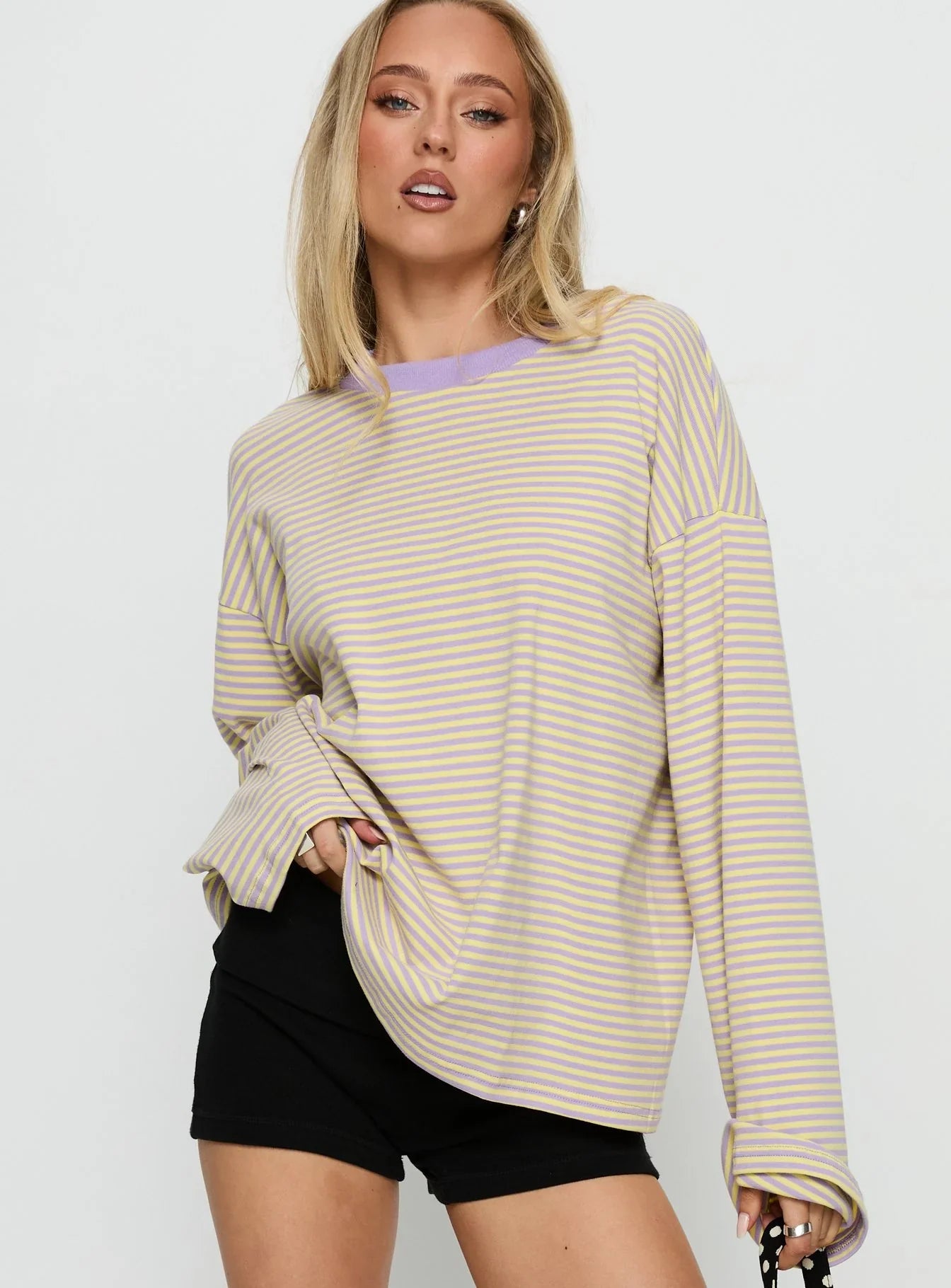 Settle Down Long Sleeve Top Lilac Lemon Stripe
