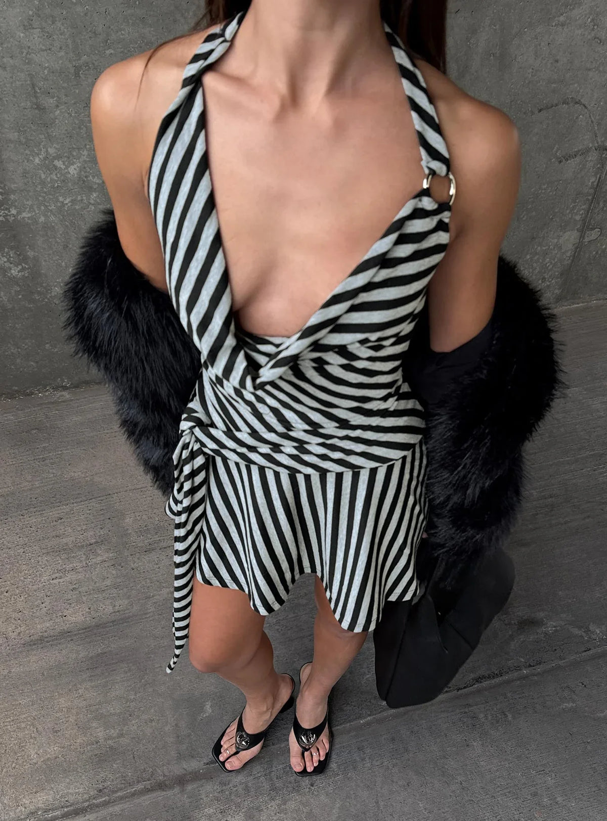 Terika Plunge Neck Halter Mini Dress Grey Black