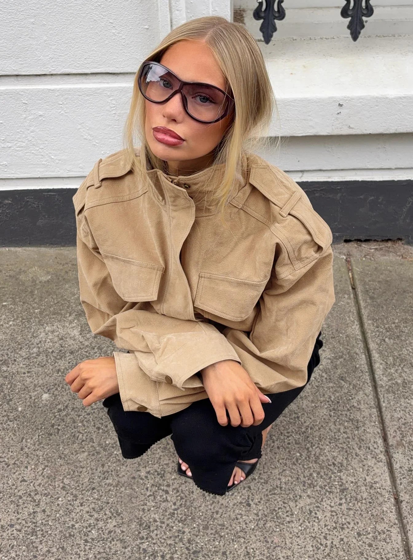 Double Life Funnel Neck Cargo Jacket Beige