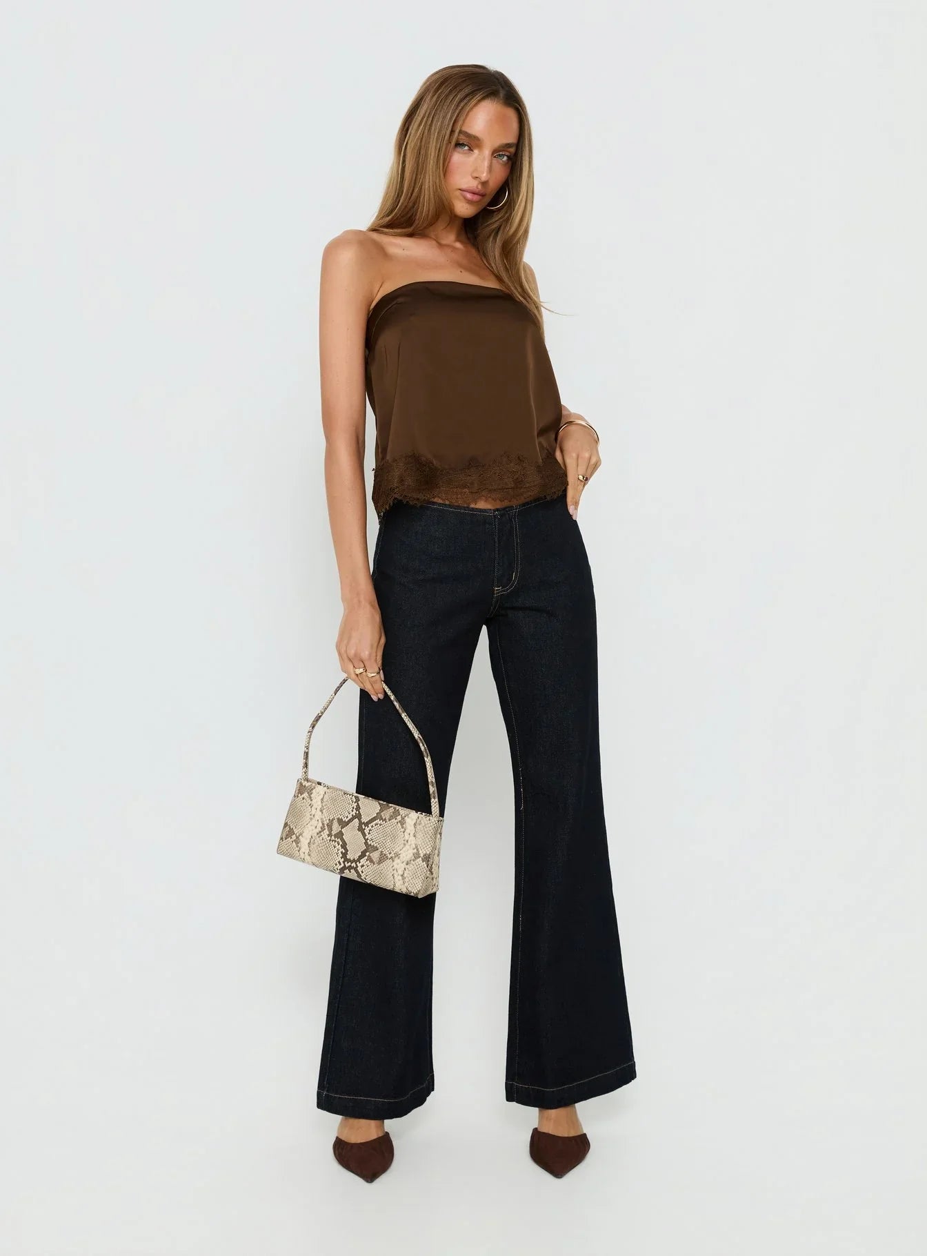 Sheyla Strapless Satin Lace Trim Top Chocolate