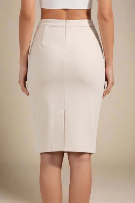 Pencil High Waist Bandage Knee Length Skirt Cream