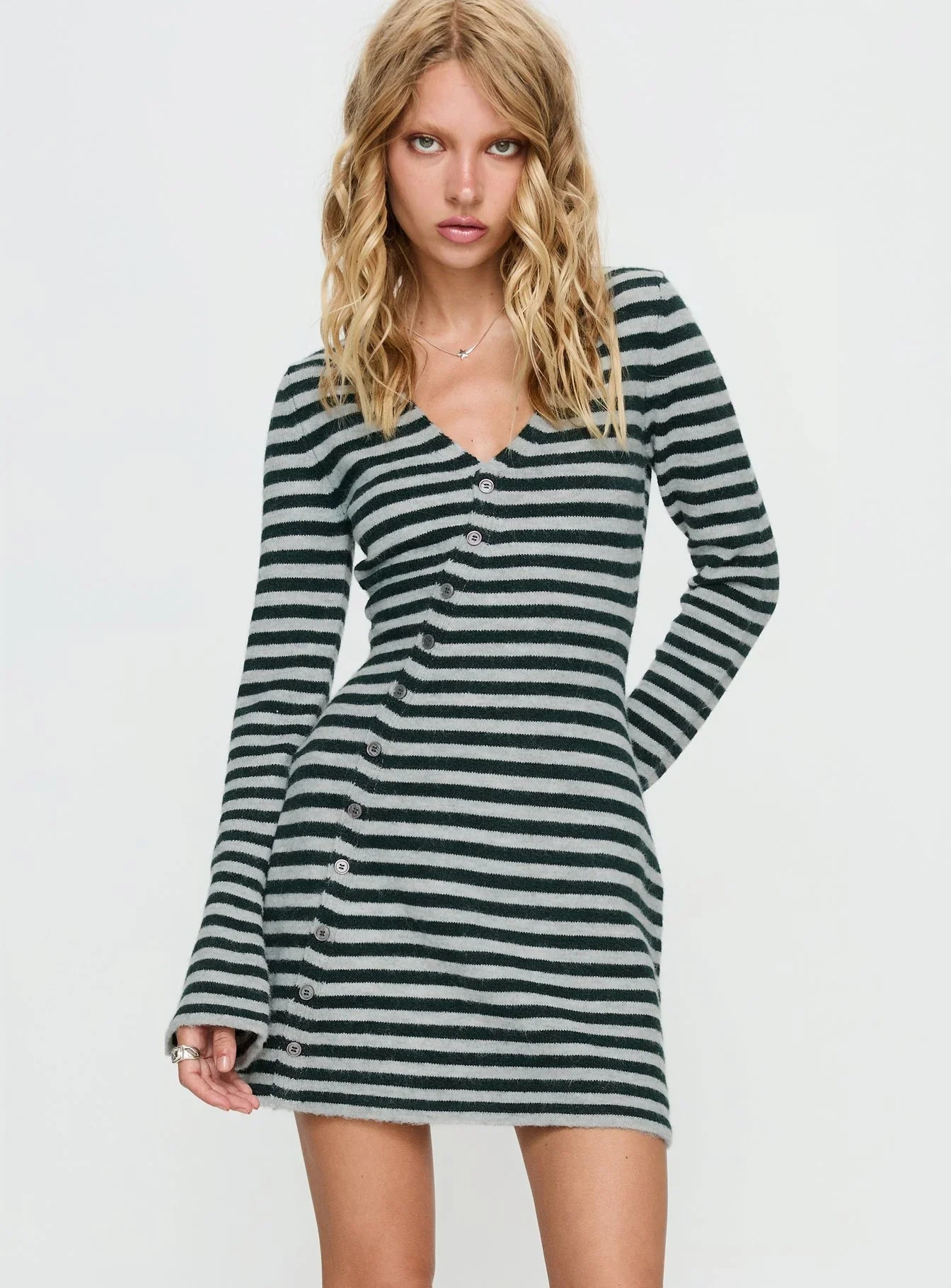Morgen Asymmetrical Long Sleeve Mini Dress Grey Green Stripe