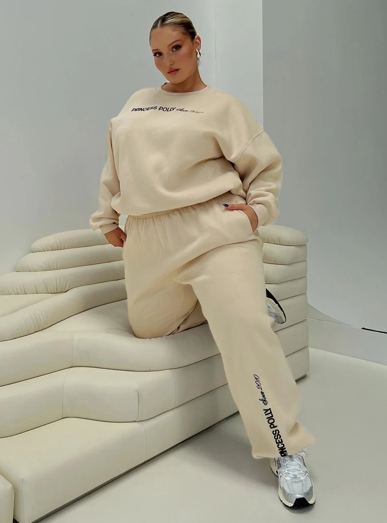 Princess Polly Crew Neck Sweatshirt Block Cursive Text Stone Curve