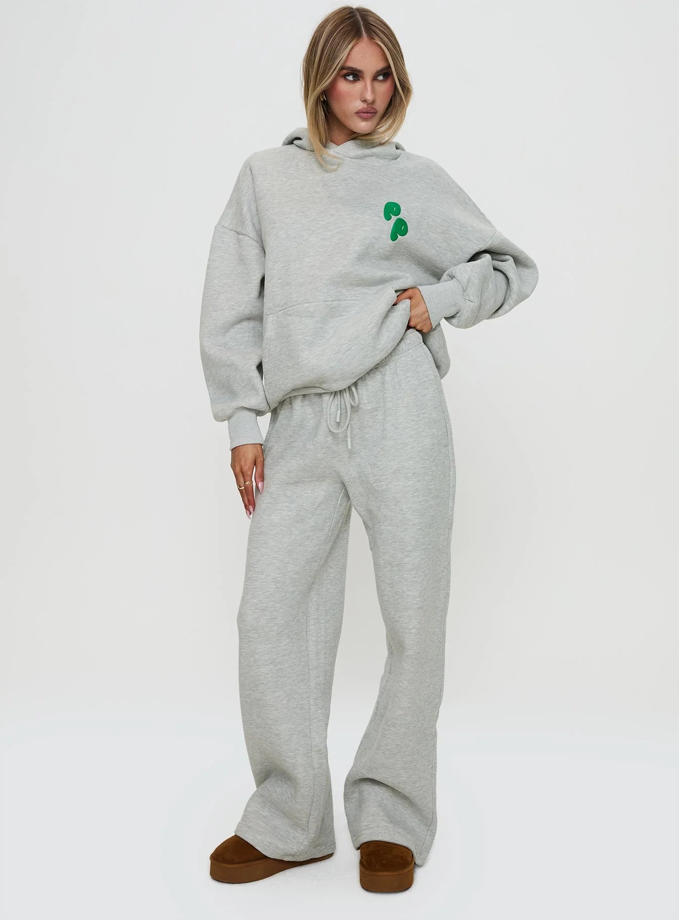Princess Polly Wide Leg Track Pant Bubble Text Grey Marle Green