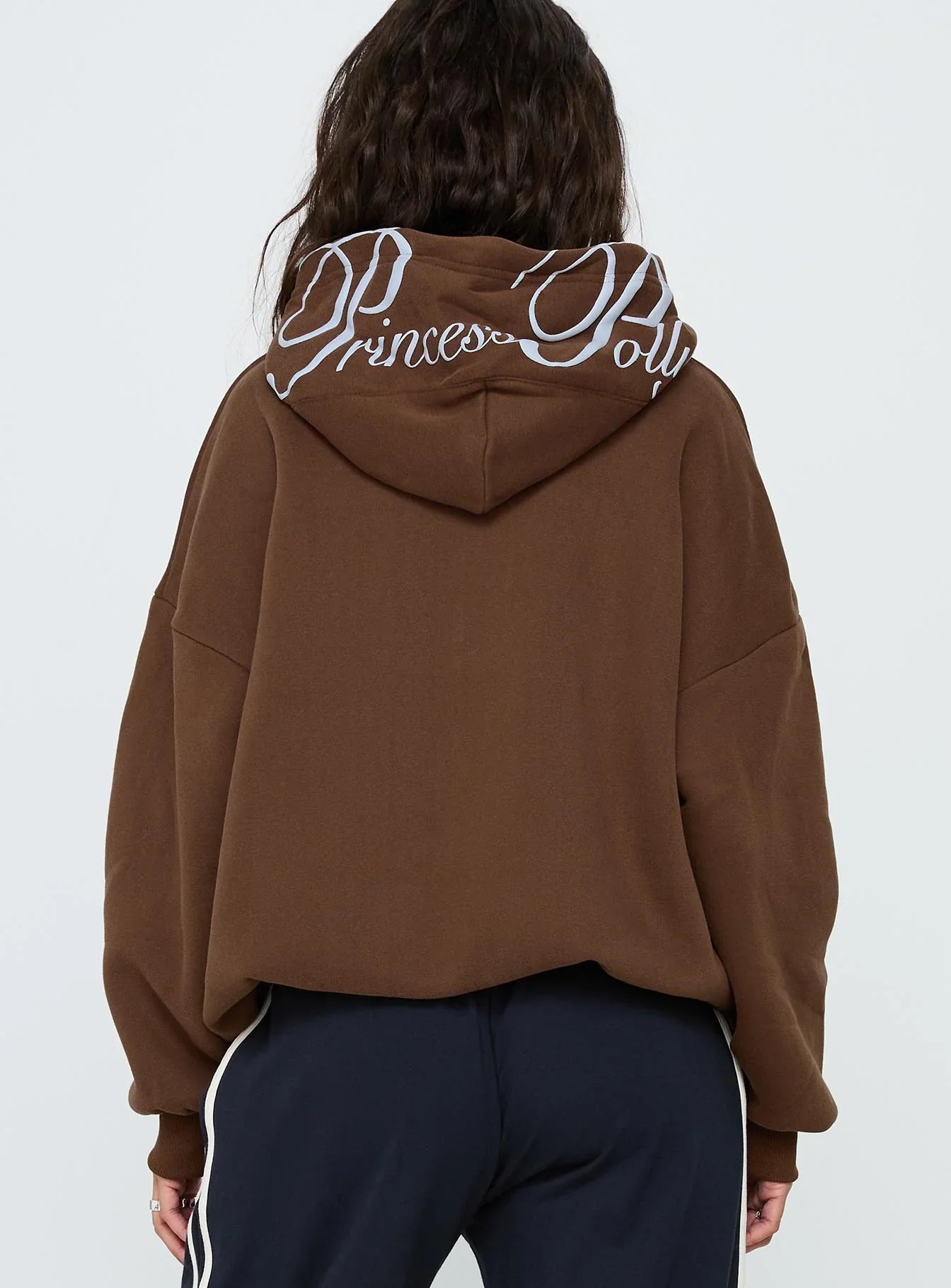 Princess Polly Script Text Graphic Hoodie Brown Blue