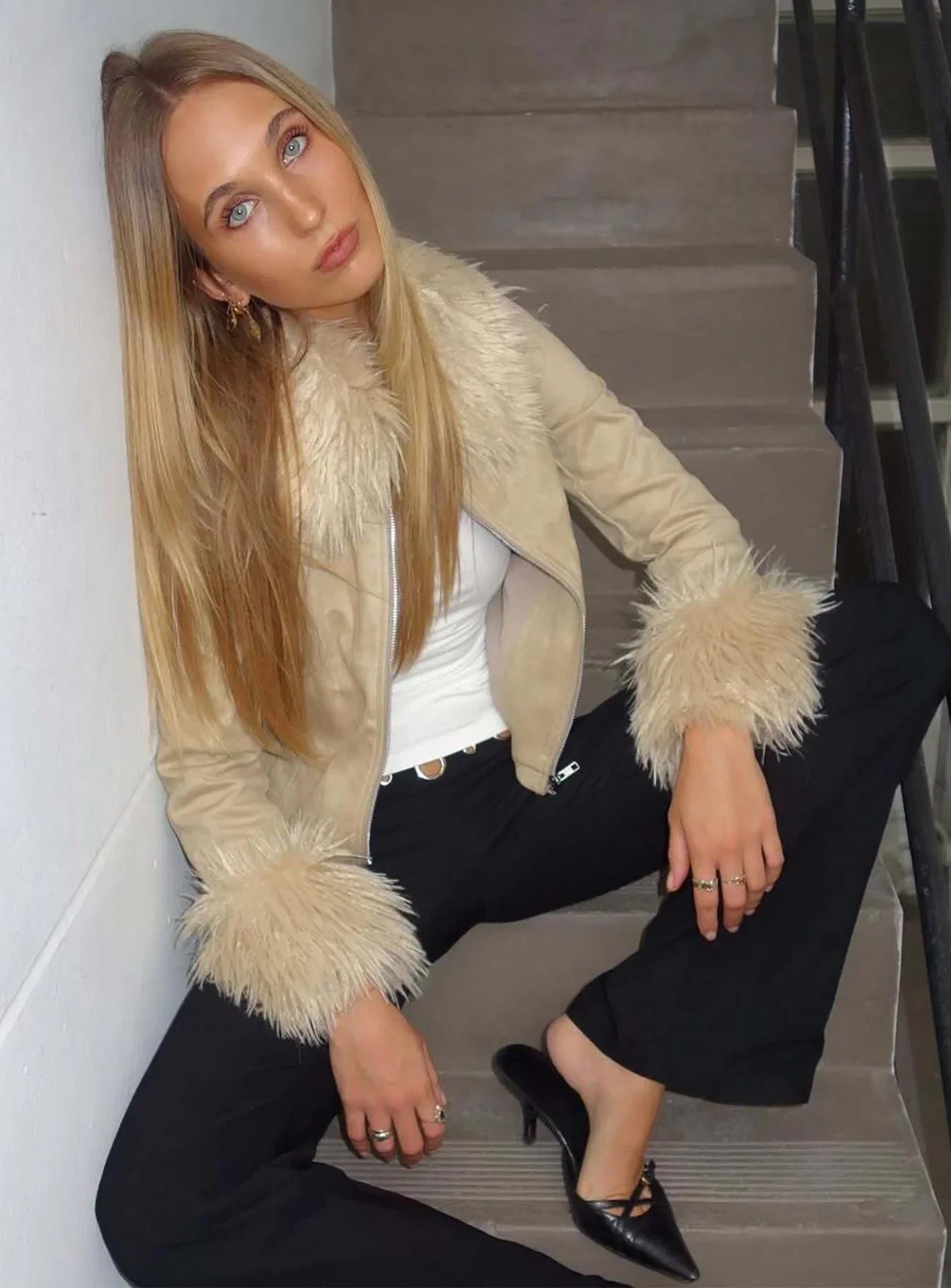 Jeanna Suede Faux Fur Detail Jacket Beige
