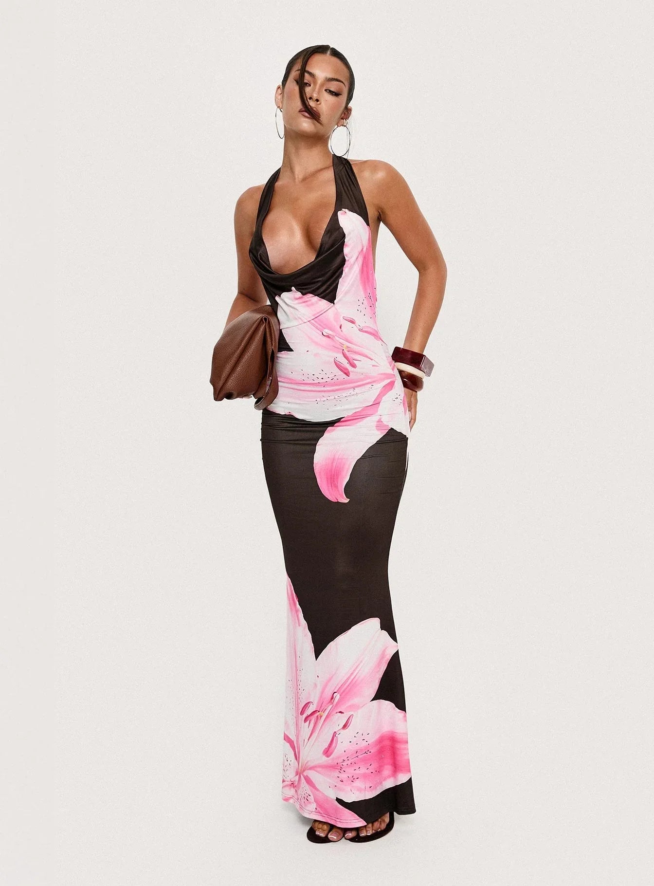 Kanara Halter Plunge Maxi Dress Chocolate / Pink Floral