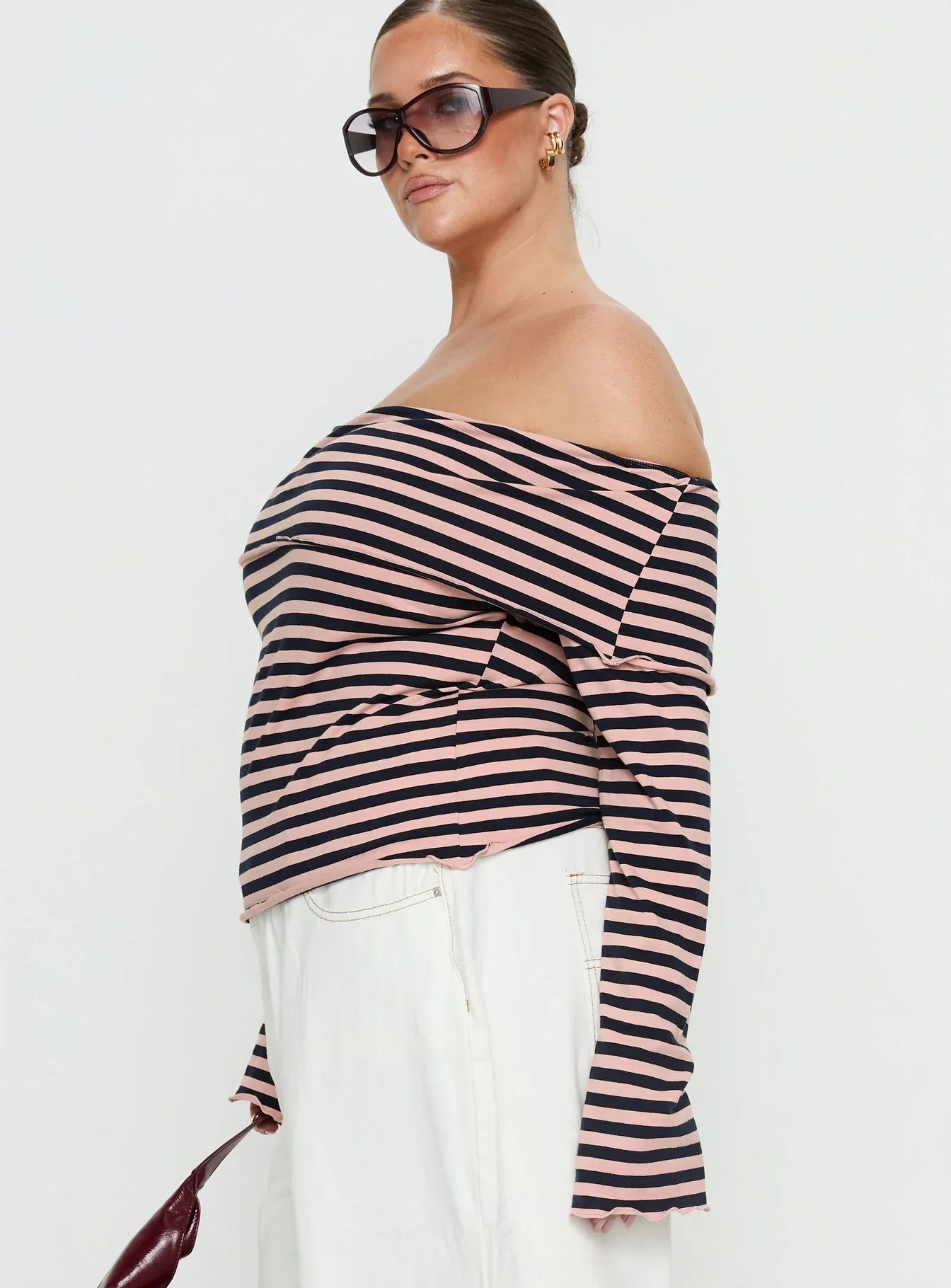 Janicia Off Shoulder Top Pink Stripe Curve