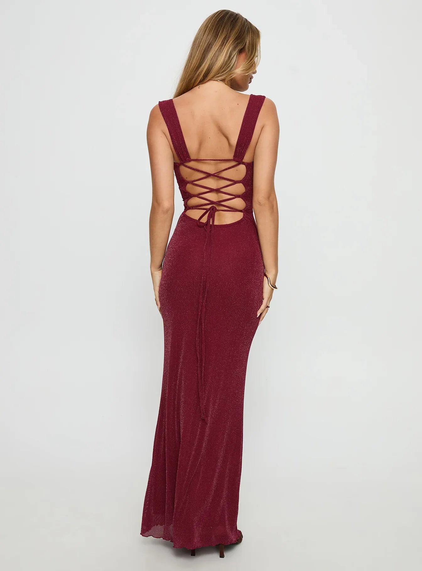 Crisanto Tie Up Ruched Maxi Dress Burgundy