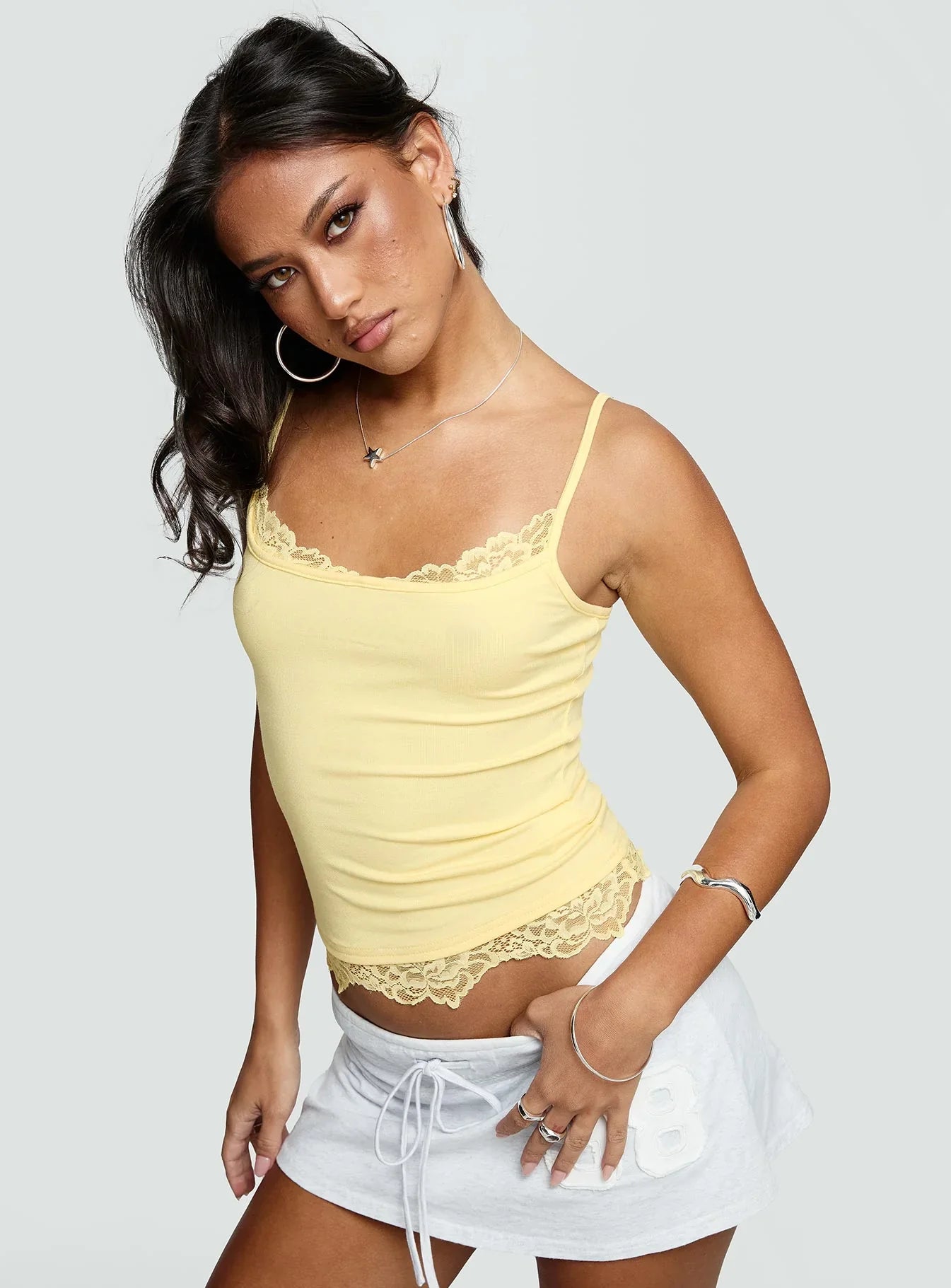 Falling Through Lace Detail Top Lemon