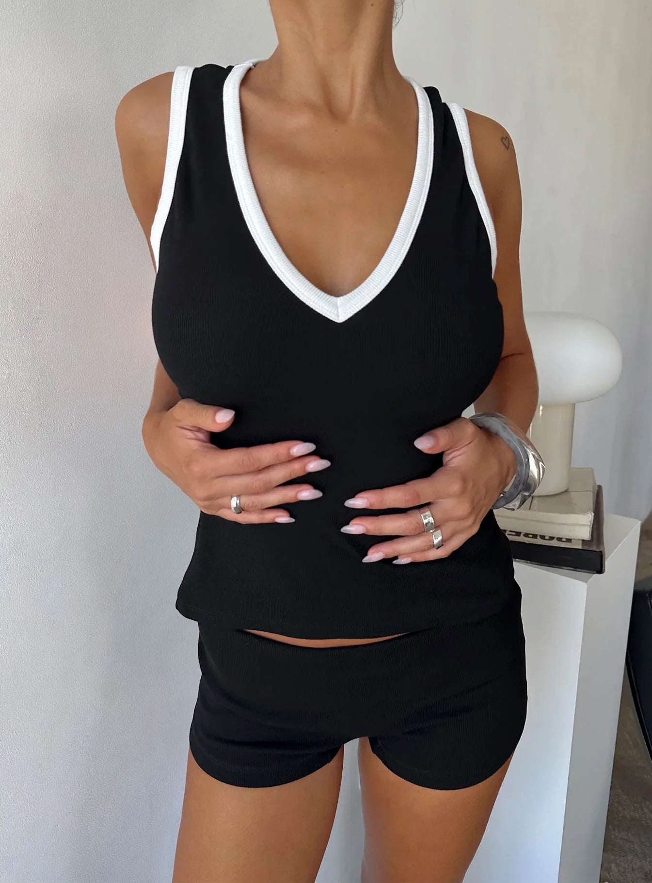 Baseline V Neck Rib Tank Top Black White