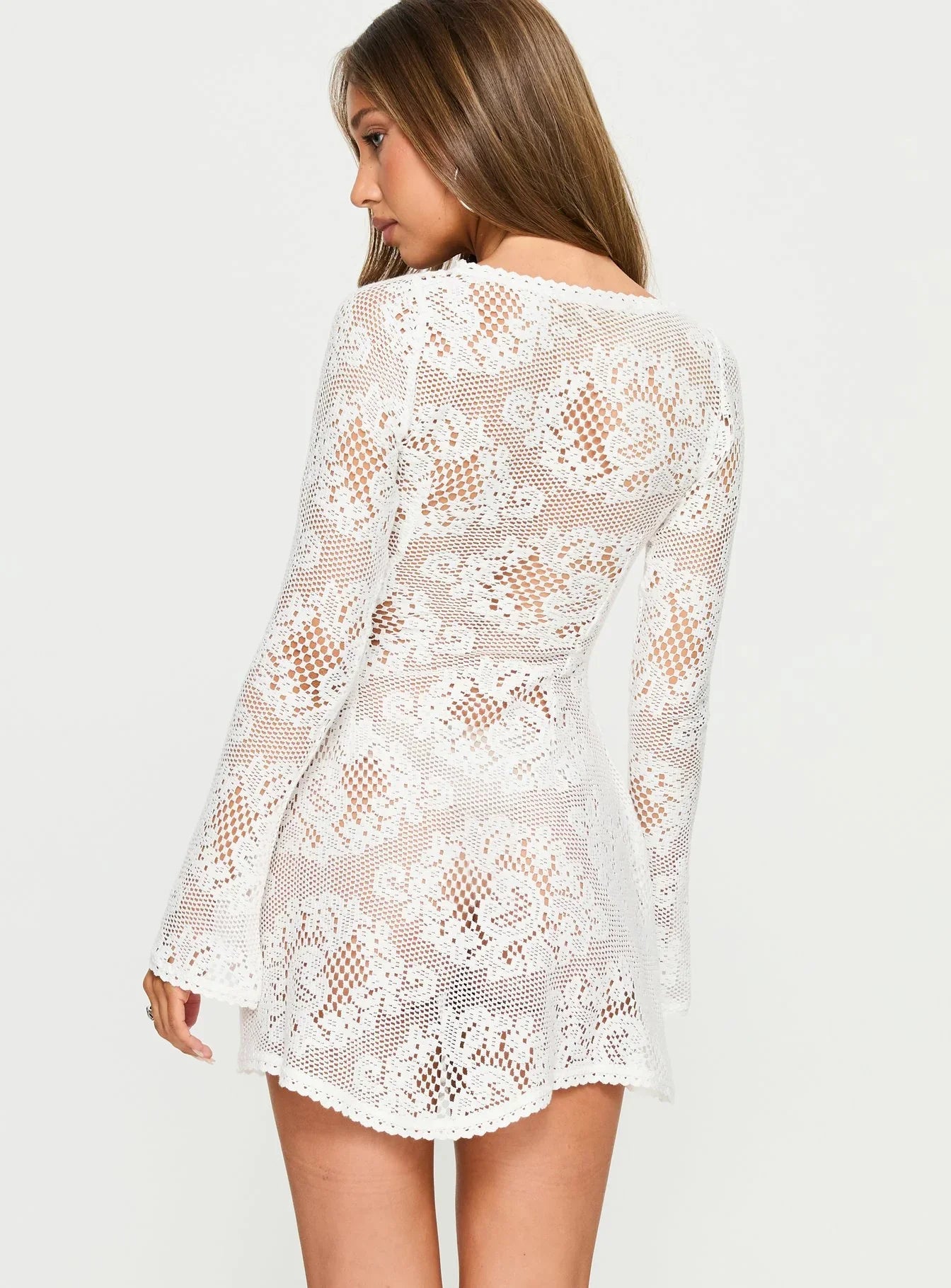 Gold Dust Crochet Tie-Up Mini Dress Cream