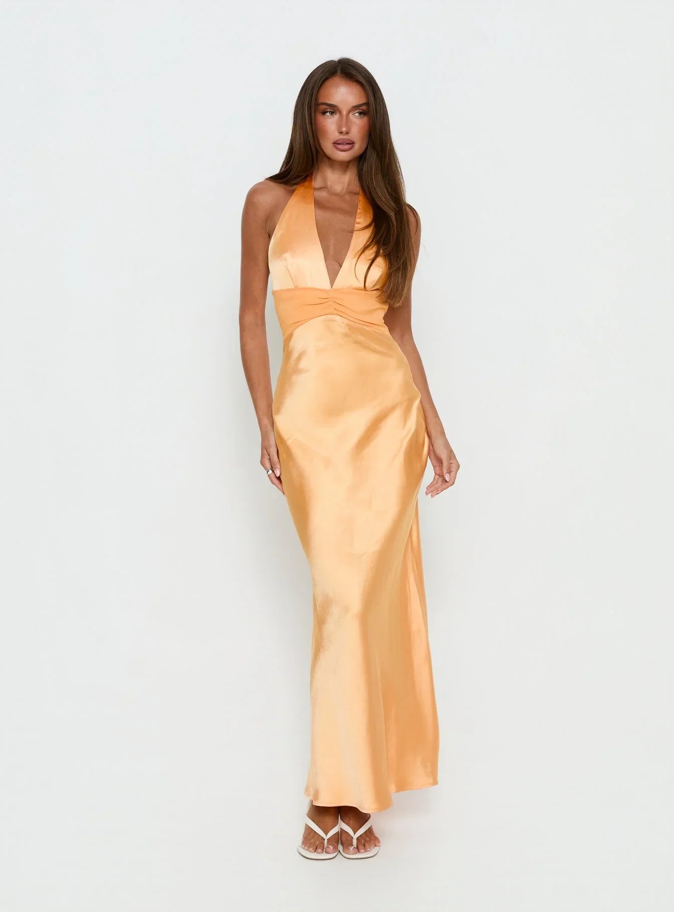 Sazenna Halter Plunge Maxi Dress Orange