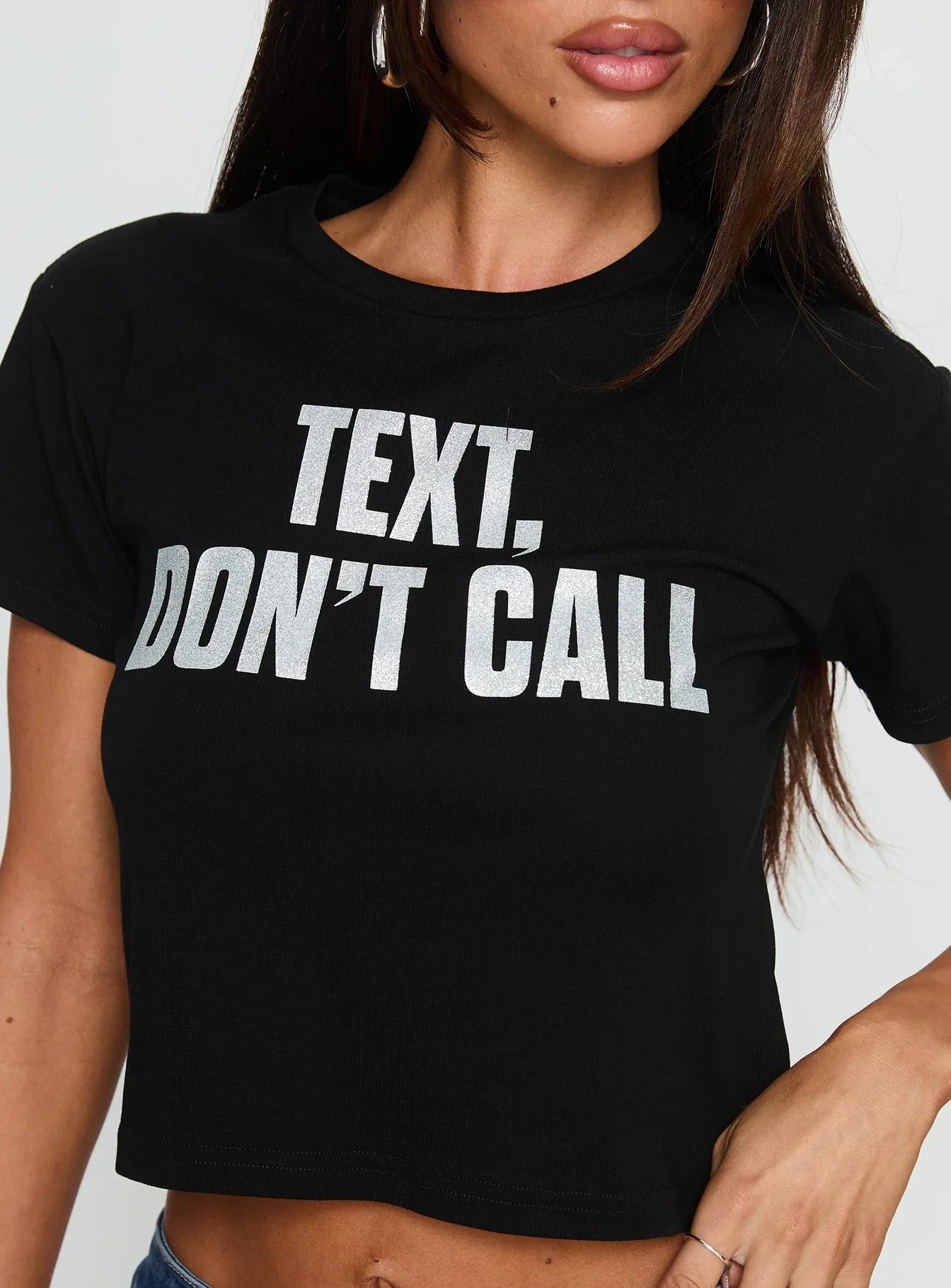 Text Dont Call Shimmer Graphic Top Black