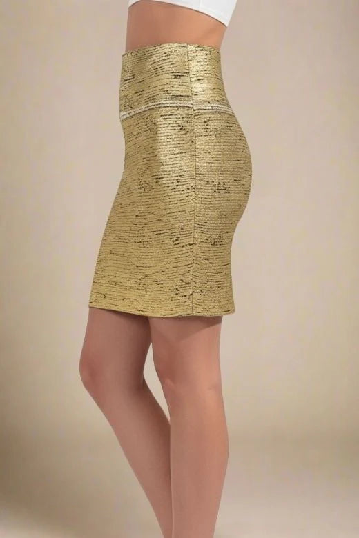 High Waist Leather Pencil Skirt Mini Length Gold Black