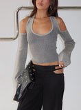 Novelia Halter Long Sleeve Top Black Grey