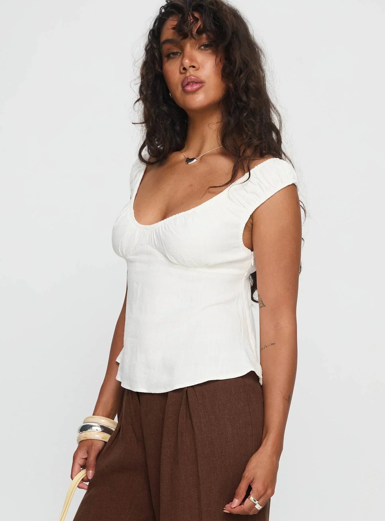 With Pleasure Puff Sleeve Linen Blouse Top White