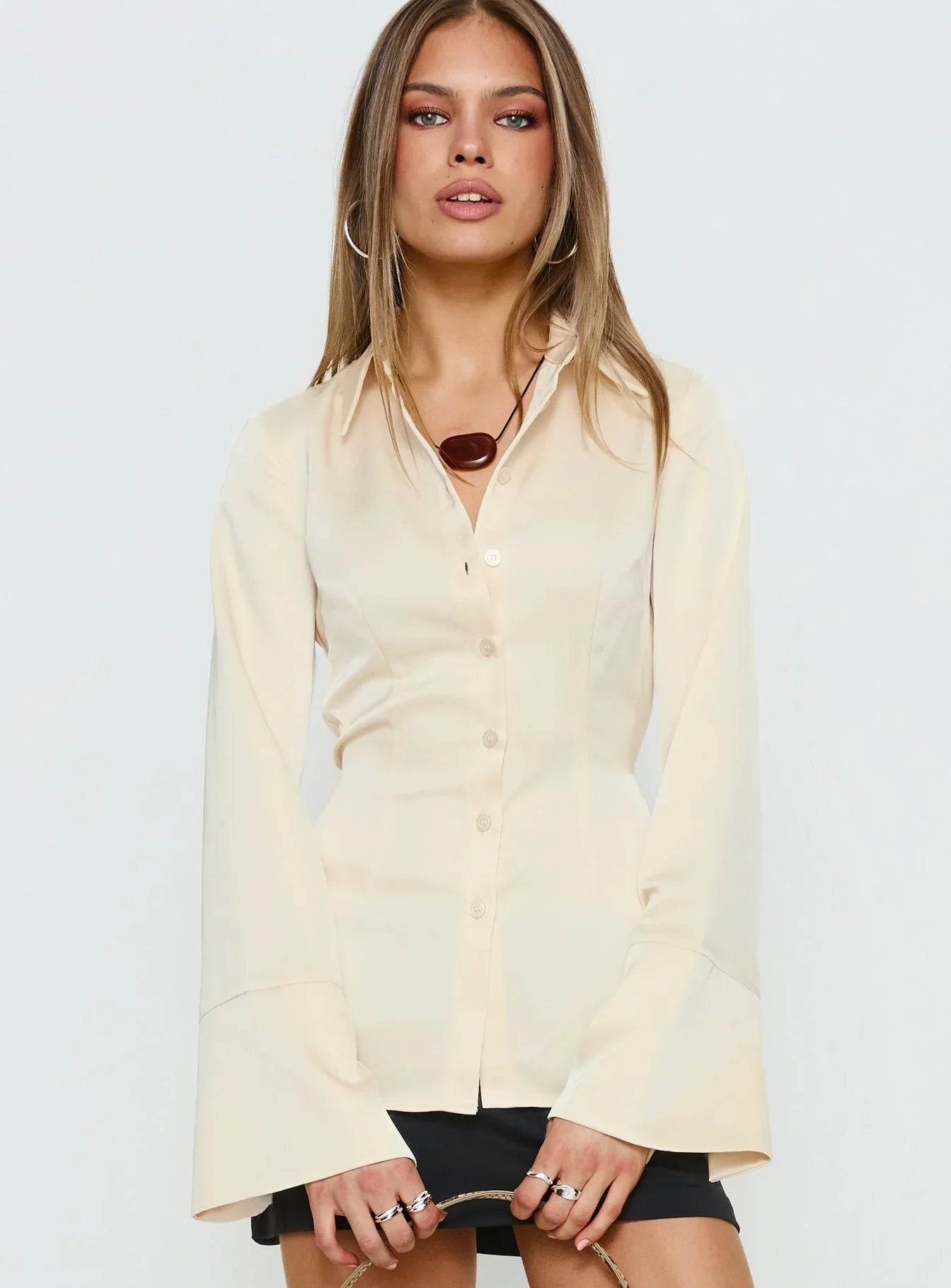 Emalona Long Sleeve Satin Top Cream