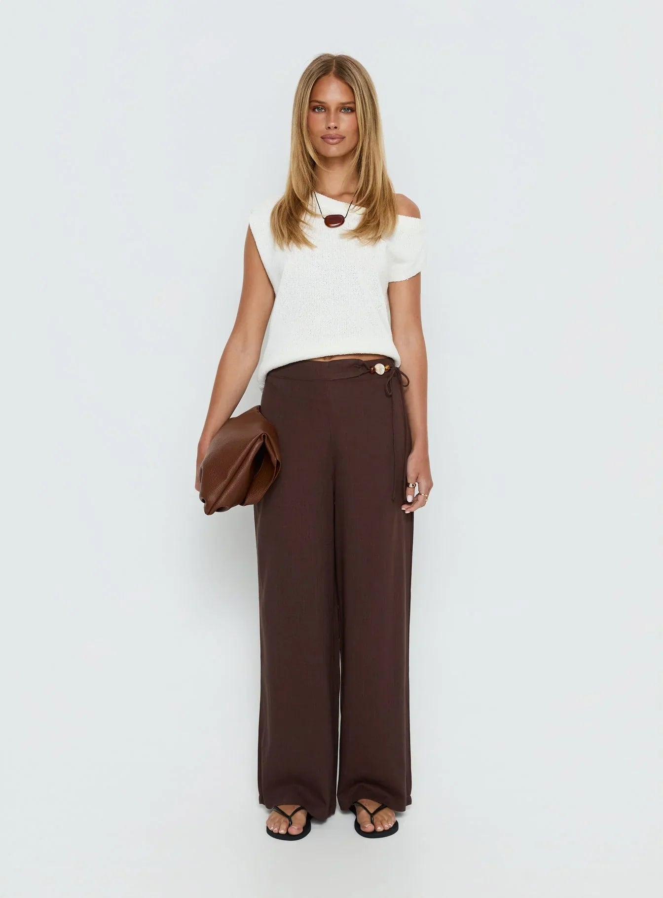 Pine For You Bead Detail Linen Pant Brown